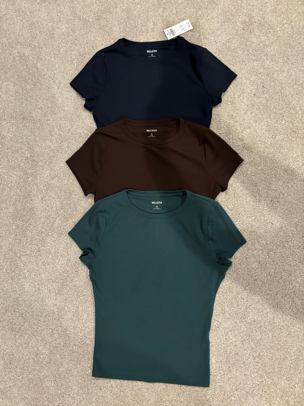 Hollister Short Sleeve Crewneck soft ribbed Tees in Navy, Brown, and Green